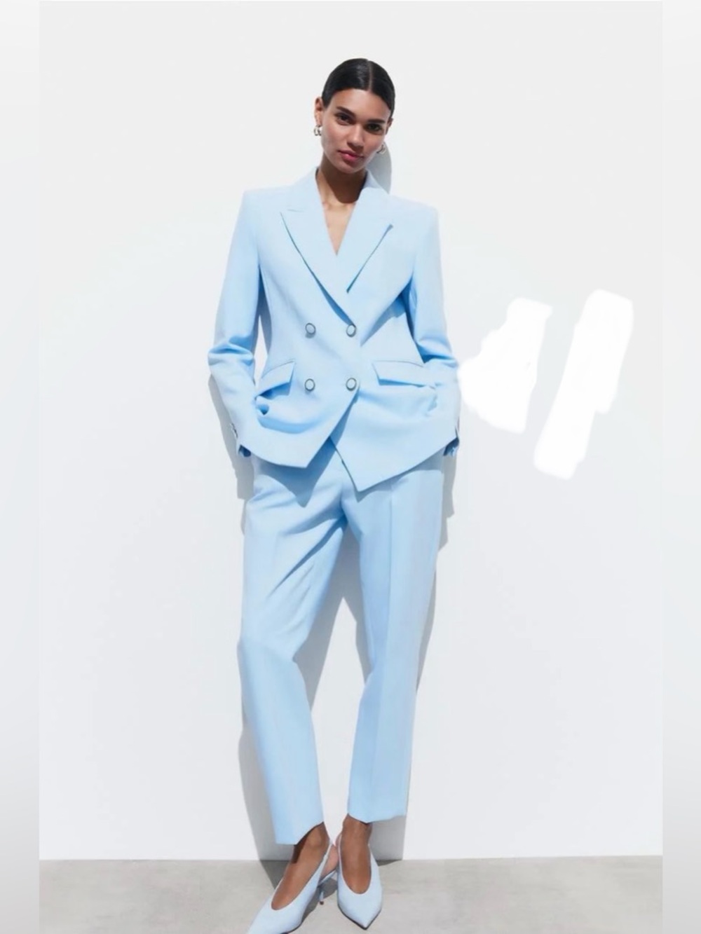 ☀️NWOT Zara Matching Set baby blue suit double-breasted HIGH rise CROP TROUSERS